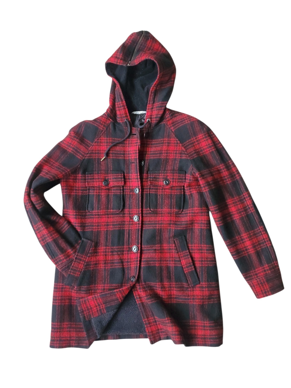 L.L. Bean Signature Heritage Red and Black Hooded Wool Plaid Coat Medium Regular